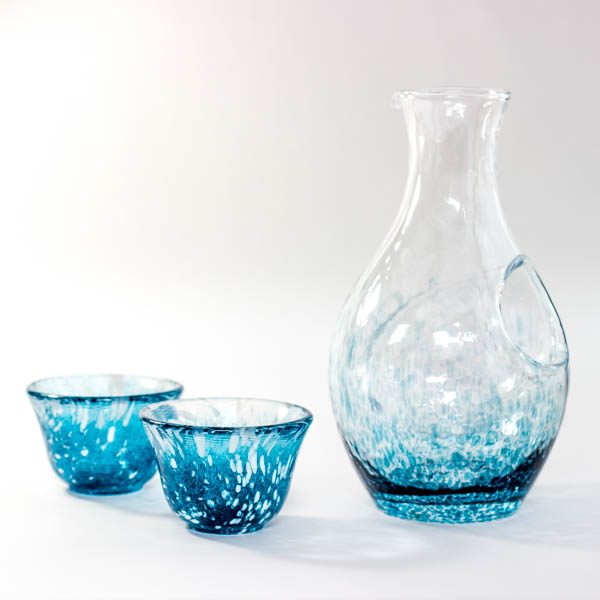 Glass Sake Set Ice Pocket Blue