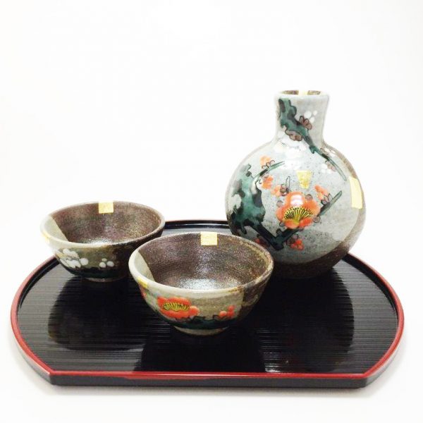 Kutani Ware Sake Set Plum White and Red