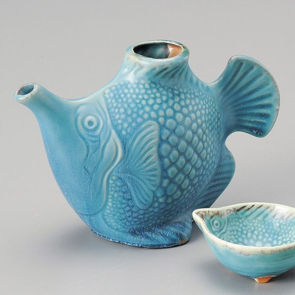 Turquoise blue fish-shaped Sake Set